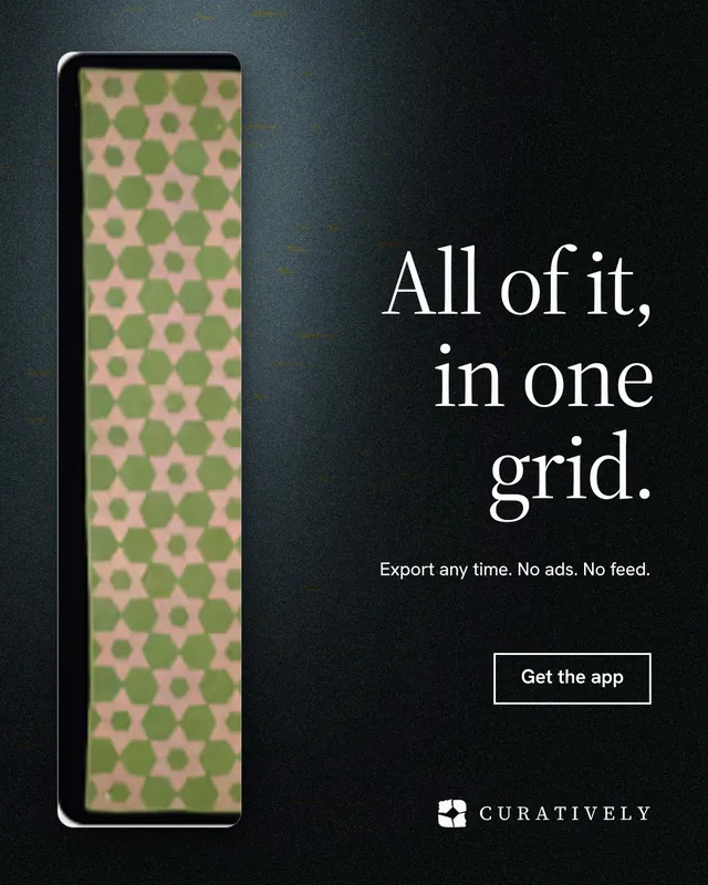 Instagram portrait post for Curatively: "All of it, in one grid." Dark deco style, right layout, dark palette in black, grey.