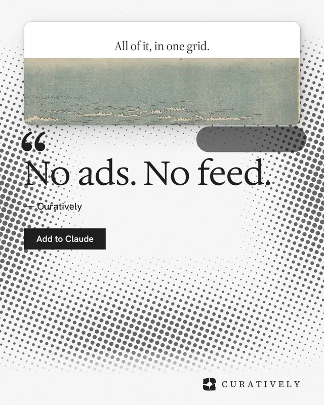 Instagram portrait post for Curatively: "No ads. No feed." Swiss style, quote layout, light palette in white, grey.