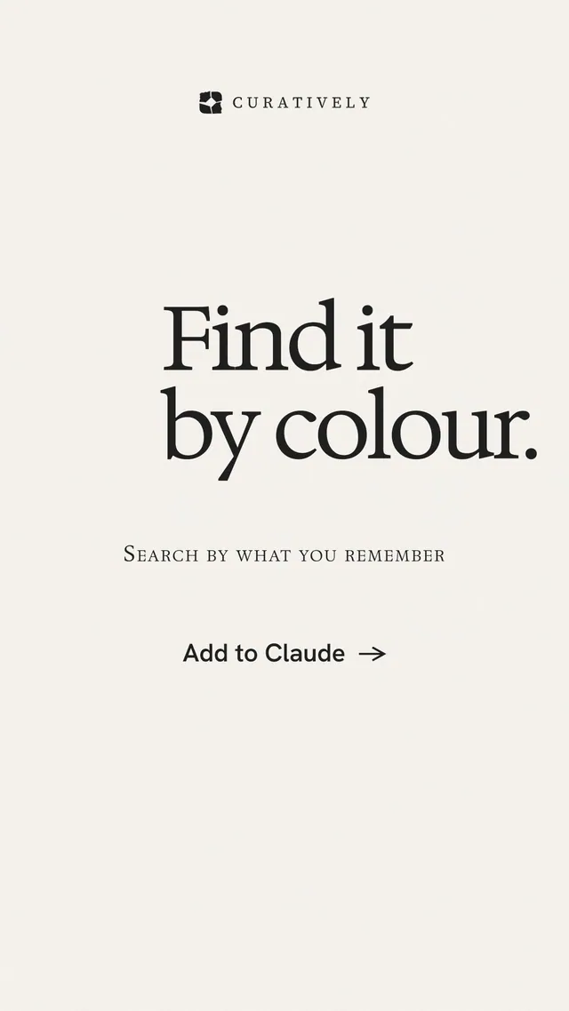 Instagram story for Curatively: "Find it by colour." Swiss style, smallcaps layout, light palette in white.