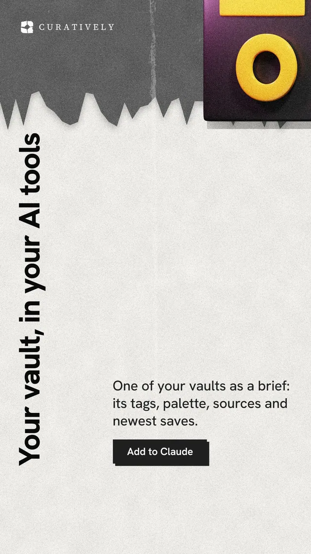 Instagram story for Curatively: "Your vault, in your AI tools". Paper trio style, vertical layout, light palette in white, grey, yellow.
