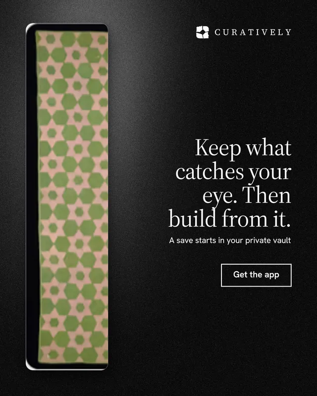 Instagram portrait post for Curatively: "Keep what catches your eye. Then build from it." Dark deco style, right layout, dark palette in black, grey.