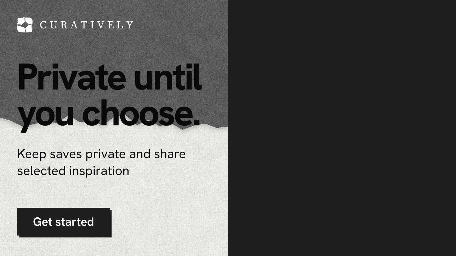 Landscape graphic for Curatively: "Private until you choose." Paper trio style, bottom layout, dark palette in black, white, grey.