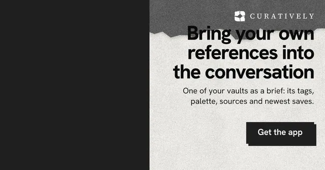 Social ad for Curatively: "Bring your own references into the conversation". Paper trio style, right layout, dark palette in black, white, grey.