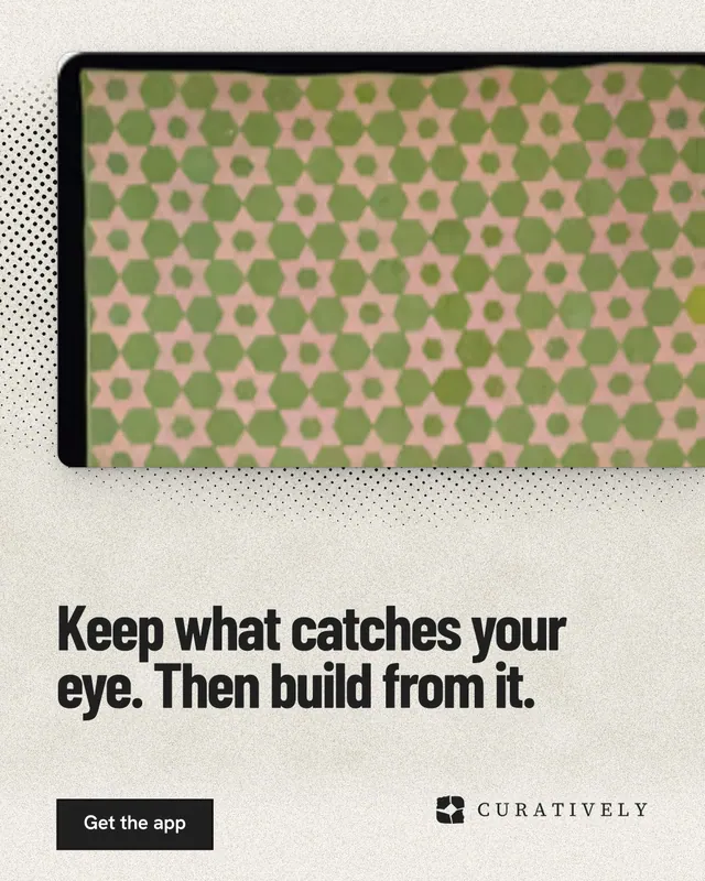 Instagram portrait post for Curatively: "Keep what catches your eye. Then build from it." Ink sticker style, bottom layout, light palette in yellow, white.