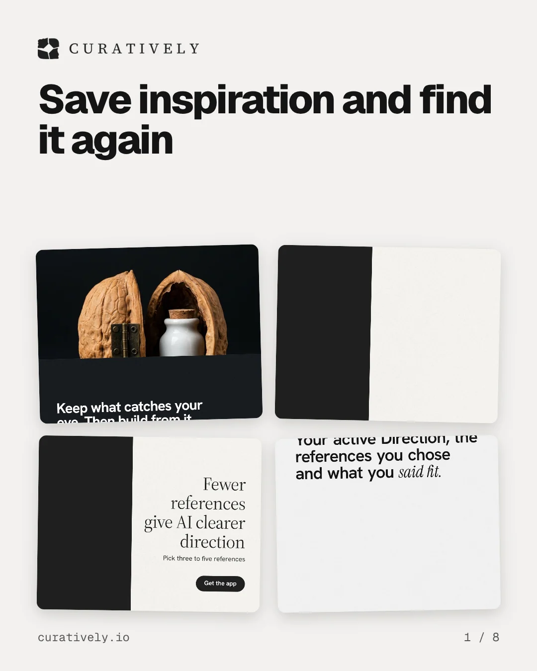 Carousel for Curatively: "Save inspiration and find it again". Collection carousel, 8 slides, light palette.