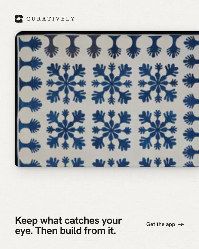 Instagram portrait post for Curatively: "Keep what catches your eye. Then build from it." Swiss style, image led layout, light palette in white, grey, blue.