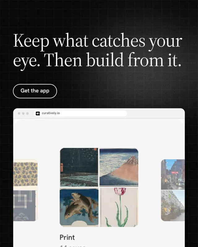 Instagram portrait post for Curatively: "Keep what catches your eye. Then build from it." Phosphor atlas style, browser layout, light palette in black, white, grey.