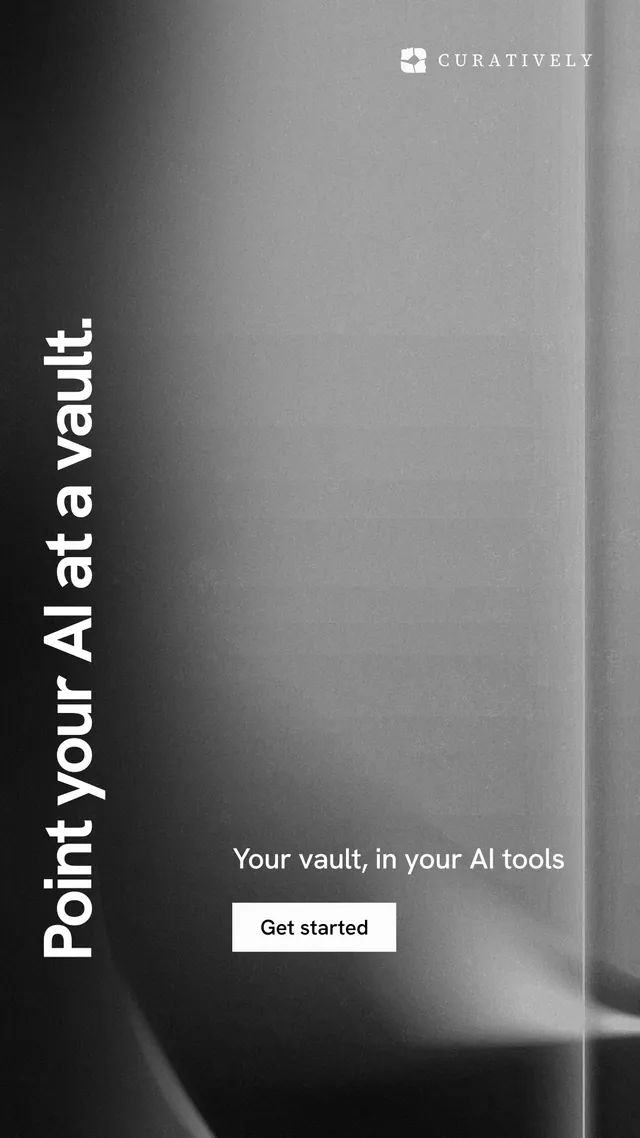 Instagram story for Curatively: "Point your AI at a vault." Swiss style, vertical layout, dark palette in black, grey.
