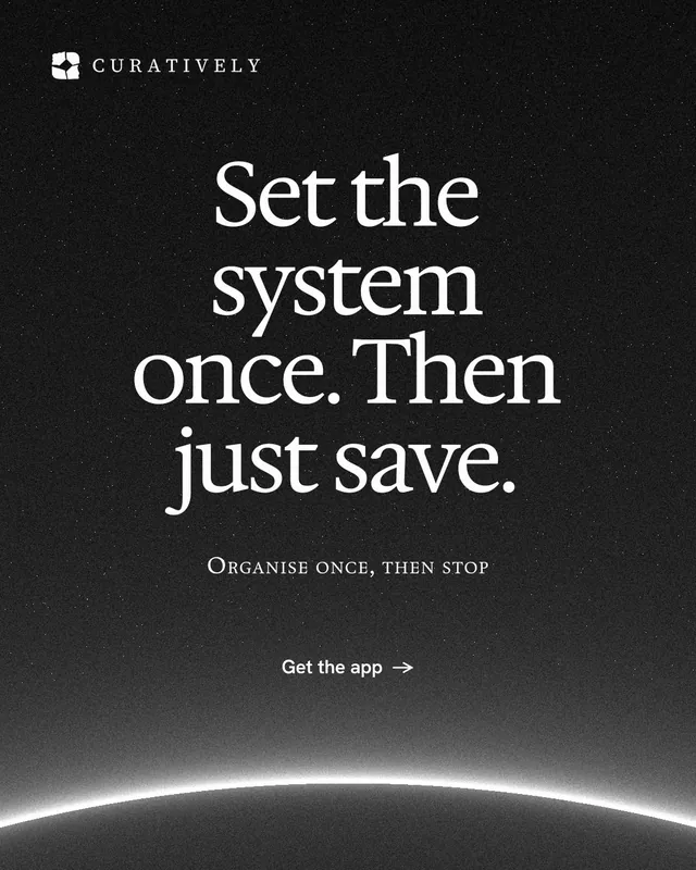 Instagram portrait post for Curatively: "Set the system once. Then just save." Swiss style, smallcaps layout, dark palette in black, grey.