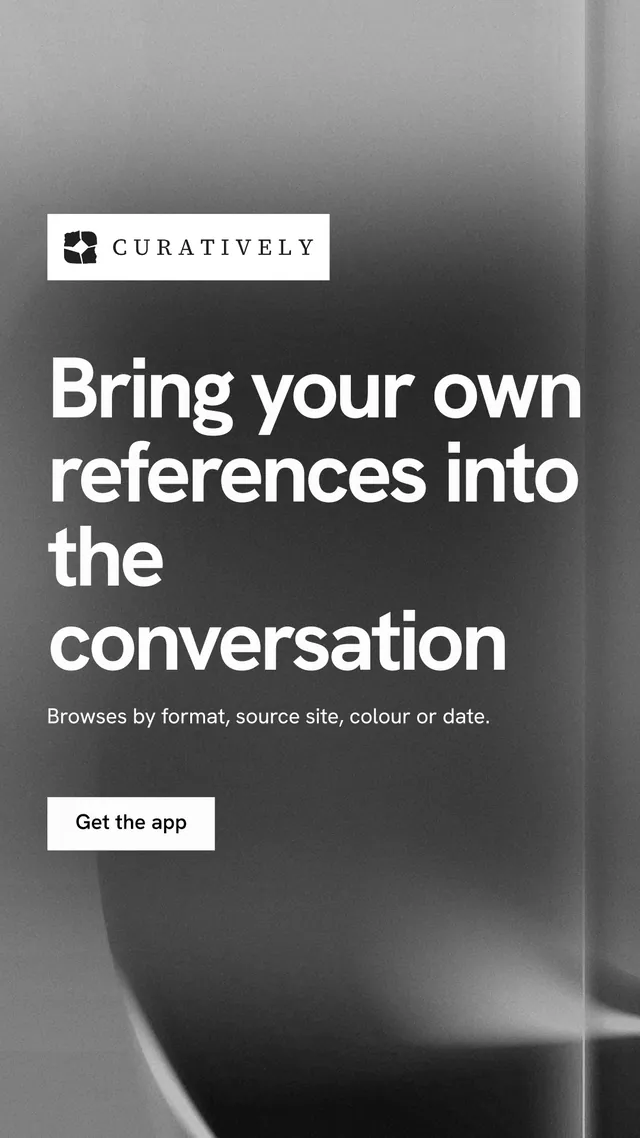Instagram story for Curatively: "Bring your own references into the conversation". Swiss style, announce layout, dark palette in grey, black.