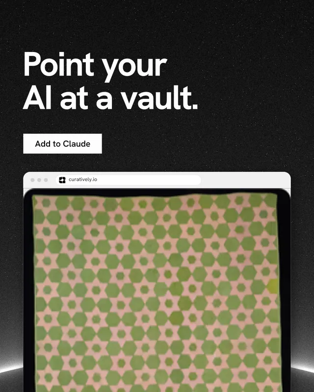 Instagram portrait post for Curatively: "Point your AI at a vault." Swiss style, browser layout, dark palette in yellow, orange, black.