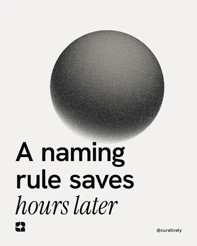 Instagram portrait post for Curatively: "A naming rule saves hours later". Auto 4x5 style, technique:shader field layout, light palette in white, grey.