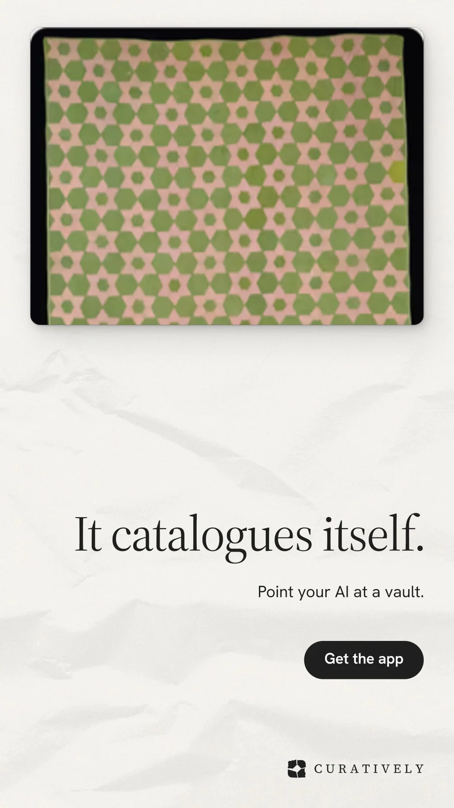 Instagram story for Curatively: "It catalogues itself." Data card style, right layout, light palette in white, yellow, orange.