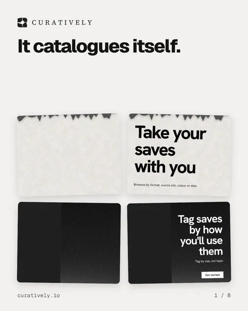 Carousel for Curatively: "It catalogues itself.". Collection carousel, 8 slides, light palette.