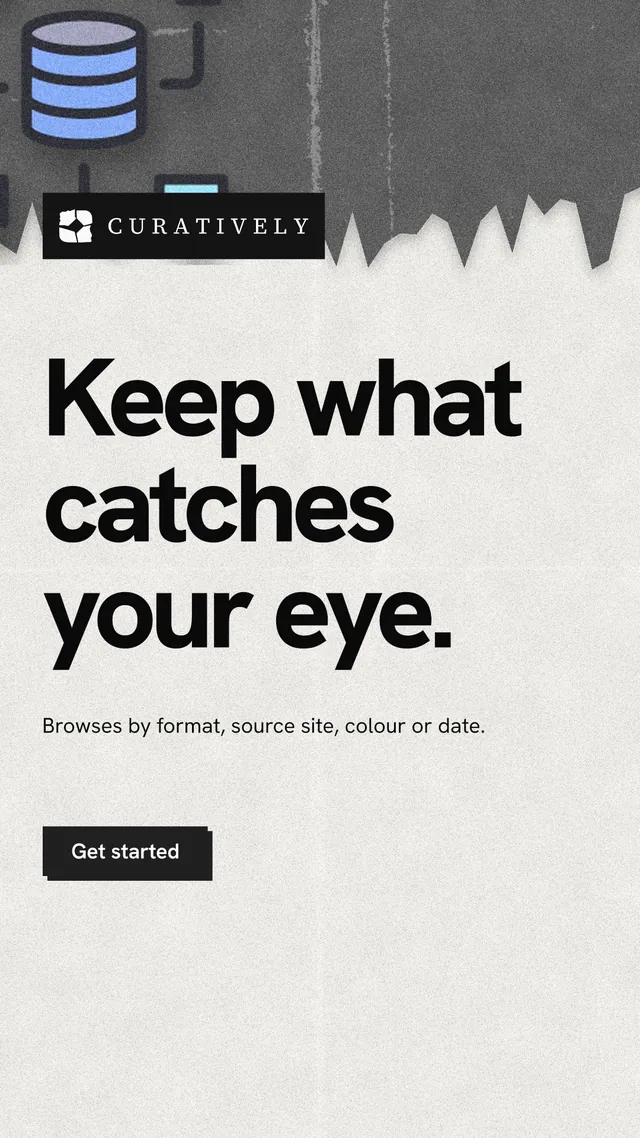 Instagram story for Curatively: "Keep what catches your eye." Paper trio style, announce layout, light palette in white, grey.