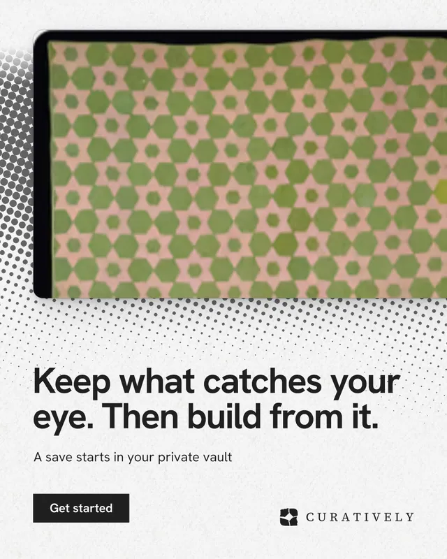 Instagram portrait post for Curatively: "Keep what catches your eye. Then build from it." Swiss style, bottom layout, light palette in yellow, white, grey.