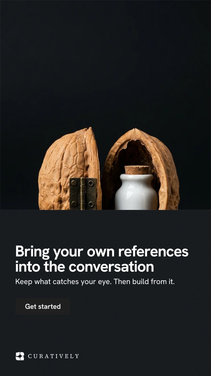 Instagram story for Curatively: "Bring your own references into the conversation". Swiss style, bottom layout, dark palette in black, grey.