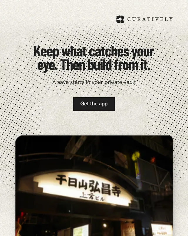 Instagram portrait post for Curatively: "Keep what catches your eye. Then build from it." Ink sticker style, centred layout, light palette in white, black, yellow.