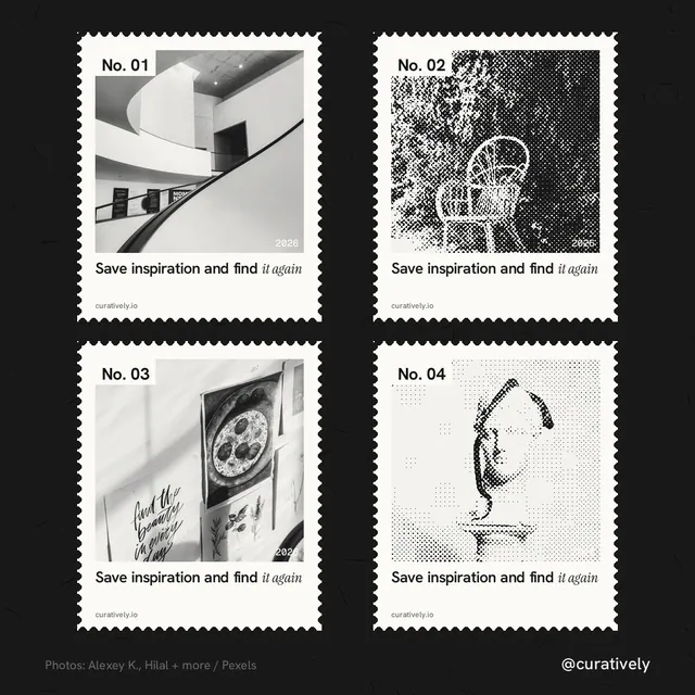 Instagram post for Curatively: "Save inspiration and find it again". Sheet style, technique:stamp series layout, light palette in black, white, grey.