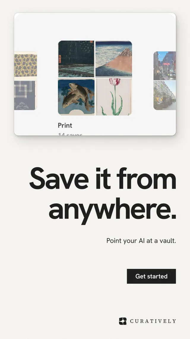 Instagram story for Curatively: "Save it from anywhere." Swiss style, right layout, light palette in white, grey.