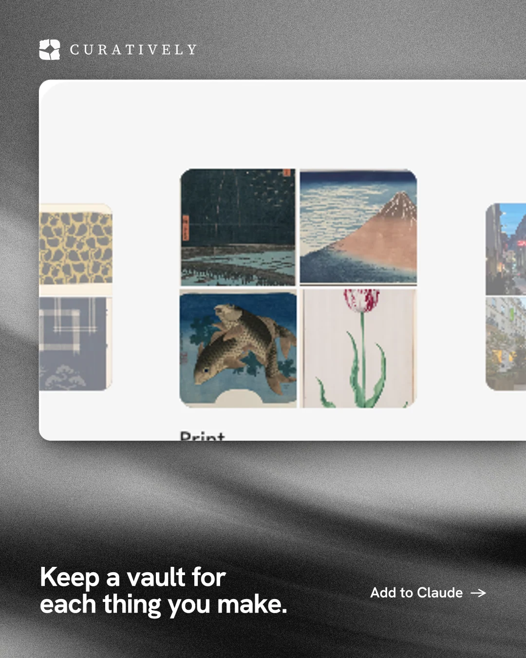 Instagram portrait post for Curatively: "Keep a vault for each thing you make." Swiss style, image led layout, light palette in grey, white, black.