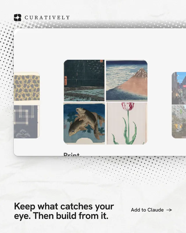 Instagram portrait post for Curatively: "Keep what catches your eye. Then build from it." Swiss style, image led layout, light palette in white, grey.