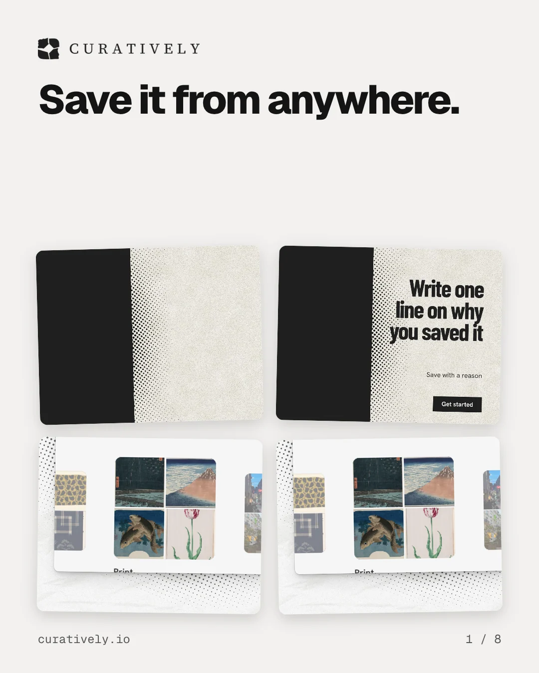Carousel for Curatively: "Save it from anywhere.". Collection carousel, 8 slides, light palette.