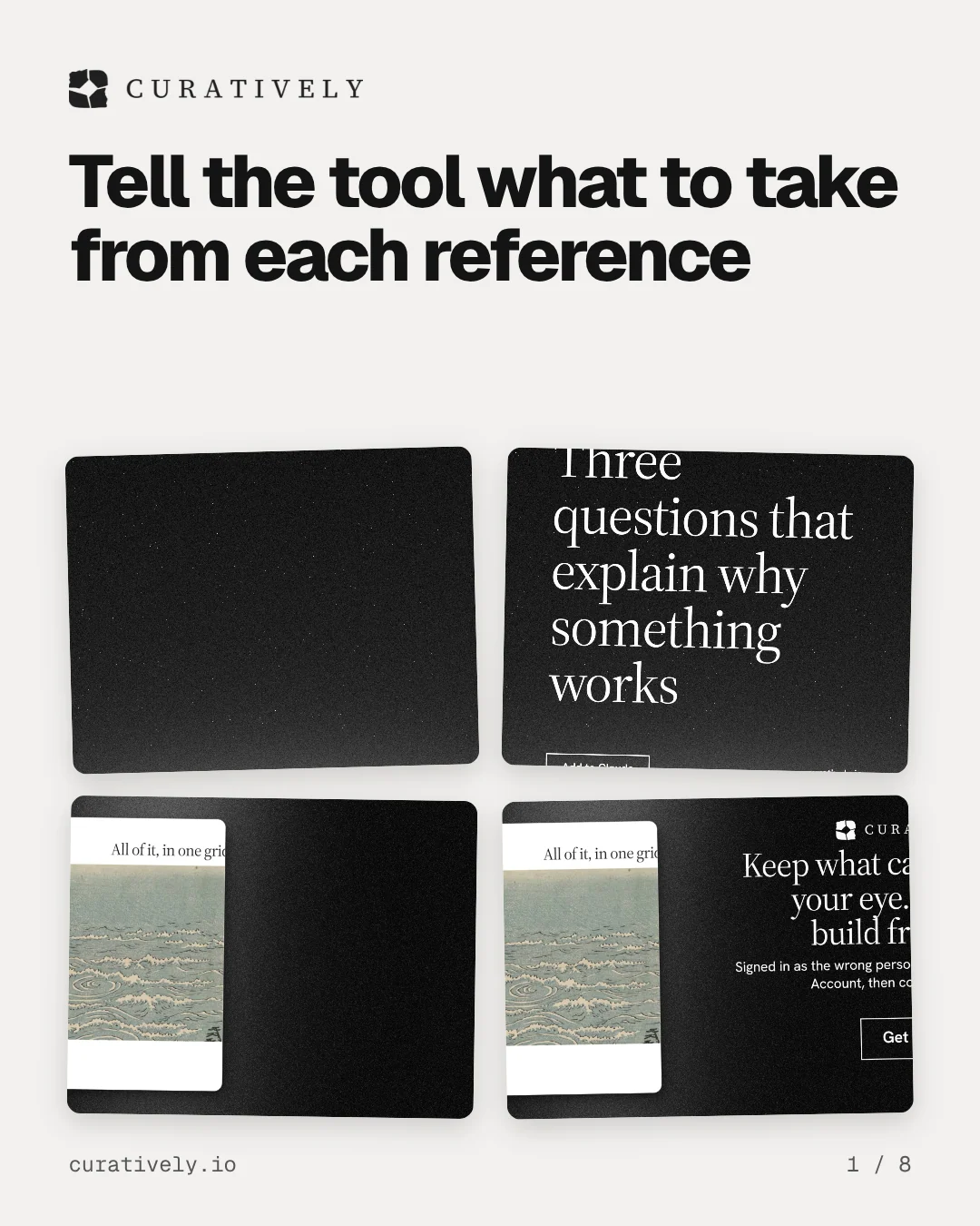 Carousel for Curatively: "Tell the tool what to take from each reference". Collection carousel, 8 slides, light palette.