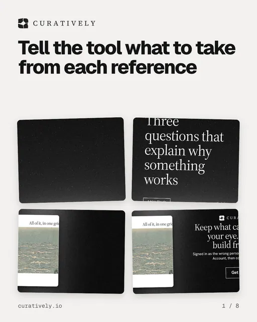 Carousel for Curatively: "Tell the tool what to take from each reference". Collection carousel, 8 slides, light palette.