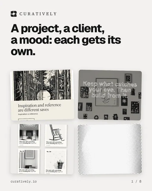 Carousel for Curatively: "A project, a client, a mood: each gets its own.". Collection carousel, 8 slides, light palette.