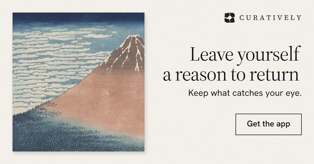Social ad for Curatively: "Leave yourself a reason to return". Editorial style, right layout, light palette in white, grey.
