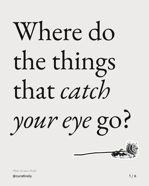 Carousel for Curatively: "Where do the things that catch your eye go?". Cutout essay, 6 slides, light palette.