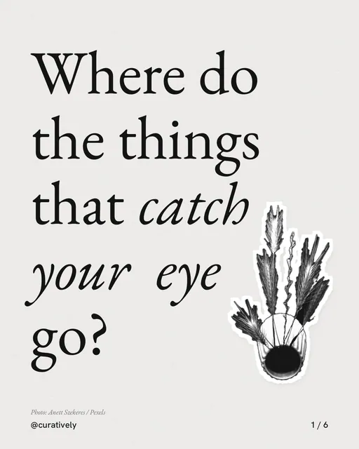 Carousel for Curatively: "Where do the things that catch your eye go?". Cutout essay, 6 slides, light palette.