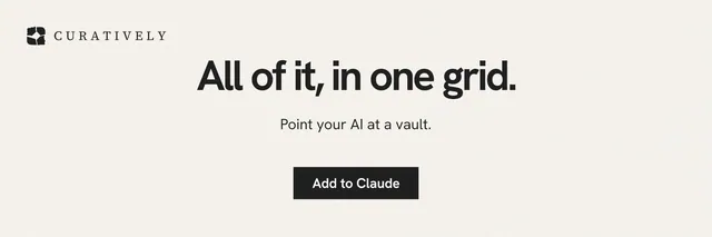 X header for Curatively: "All of it, in one grid." Swiss style, centred layout, light palette in white, grey.