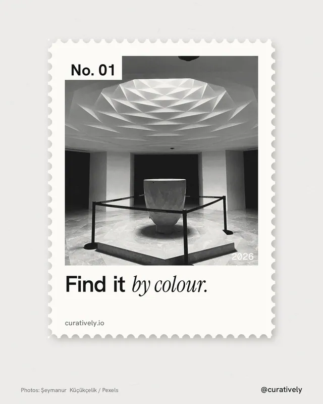 Instagram portrait post for Curatively: "Find it by colour." Single style, technique:stamp series layout, light palette in white, grey.
