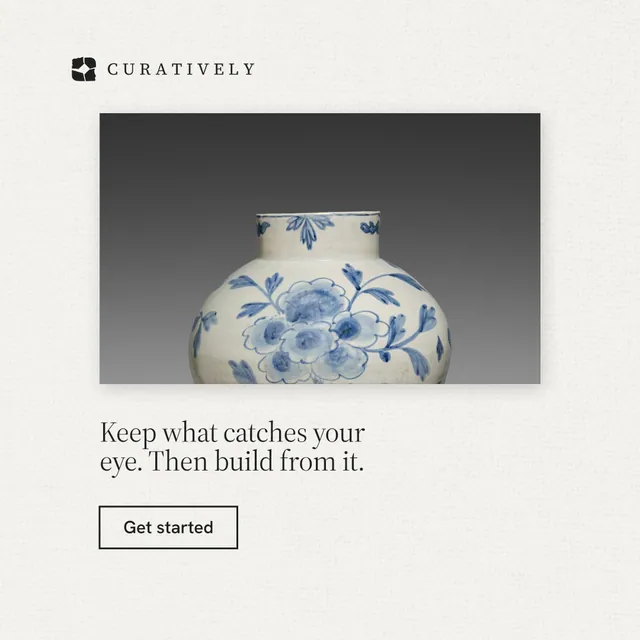 Instagram post for Curatively: "Keep what catches your eye. Then build from it." Editorial style, bottom layout, light palette in white, grey.