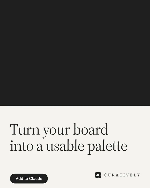 Instagram portrait post for Curatively: "Turn your board into a usable palette". Data card style, bottom layout, light palette in black, white, grey.