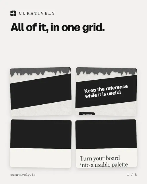 Carousel for Curatively: "All of it, in one grid.". Collection carousel, 8 slides, light palette.