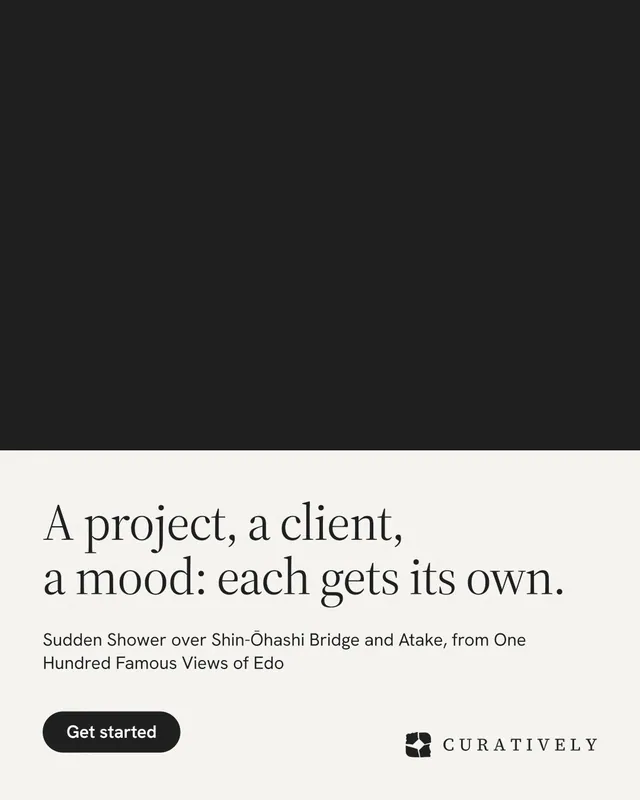 Instagram portrait post for Curatively: "A project, a client, a mood: each gets its own." Data card style, bottom layout, light palette in black, white, grey.