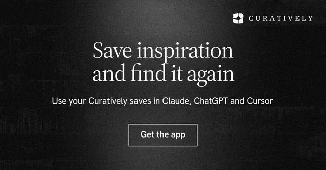 Social ad for Curatively: "Save inspiration and find it again". Dark deco style, centred layout, dark palette in black, grey.