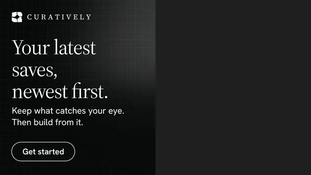 Landscape graphic for Curatively: "Your latest saves, newest first." Phosphor atlas style, bottom layout, dark palette in black.