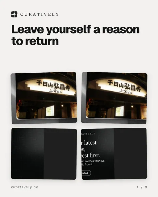 Carousel for Curatively: "Leave yourself a reason to return". Collection carousel, 8 slides, light palette.