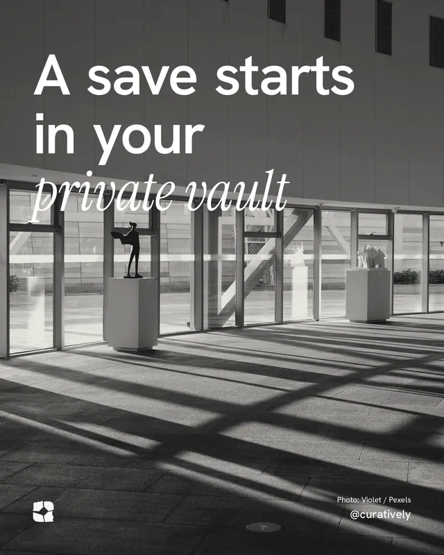 Instagram portrait post for Curatively: "A save starts in your private vault". Duotone style, technique:pexels ingredient layout, dark palette in grey, black.