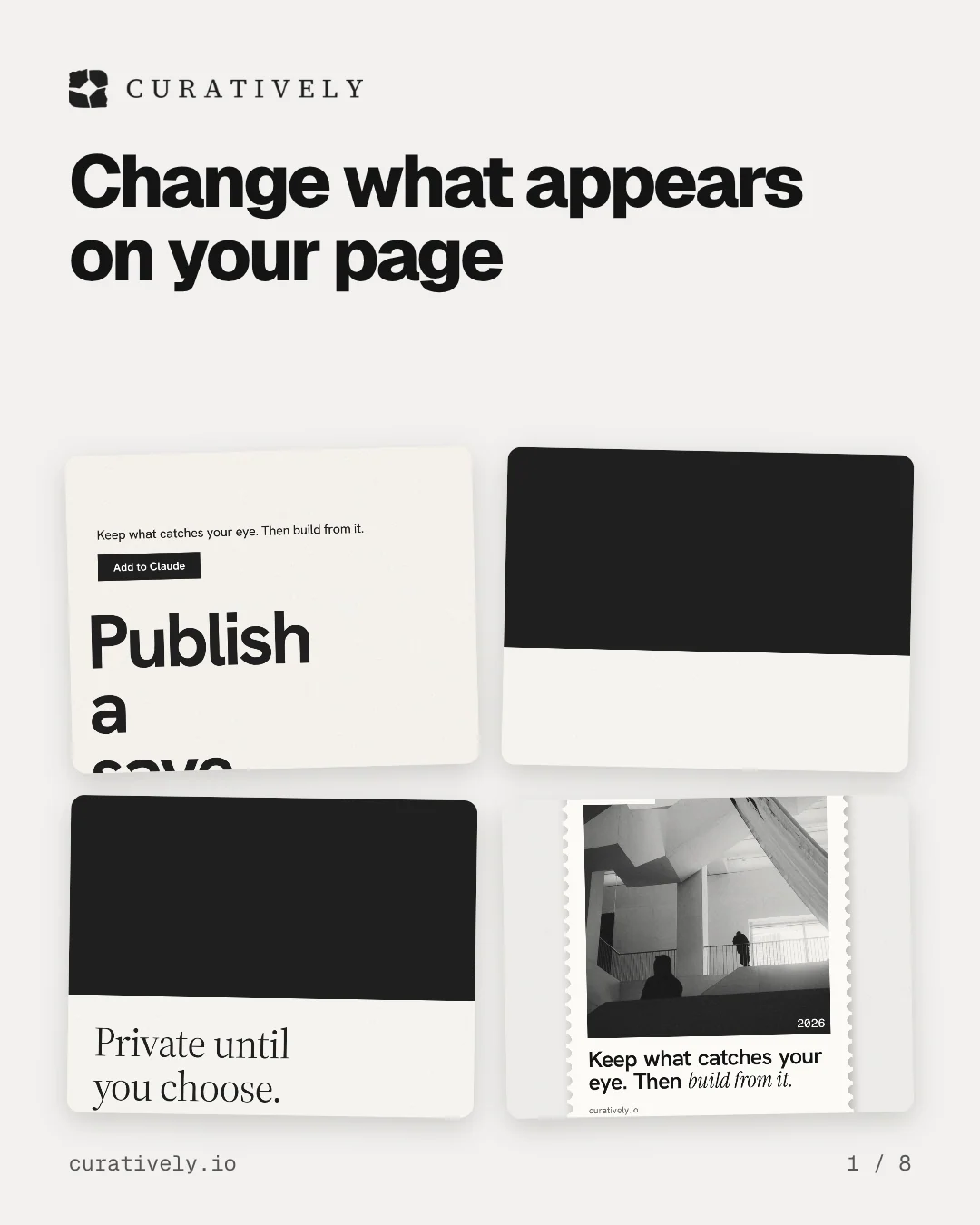 Carousel for Curatively: "Change what appears on your page". Collection carousel, 8 slides, light palette.
