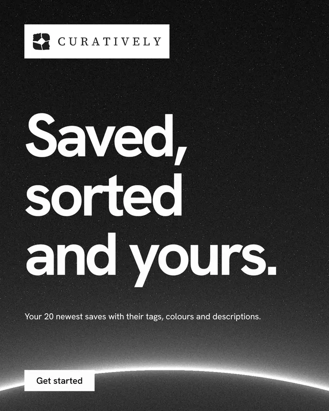 Instagram portrait post for Curatively: "Saved, sorted and yours." Swiss style, announce layout, dark palette in black, grey.