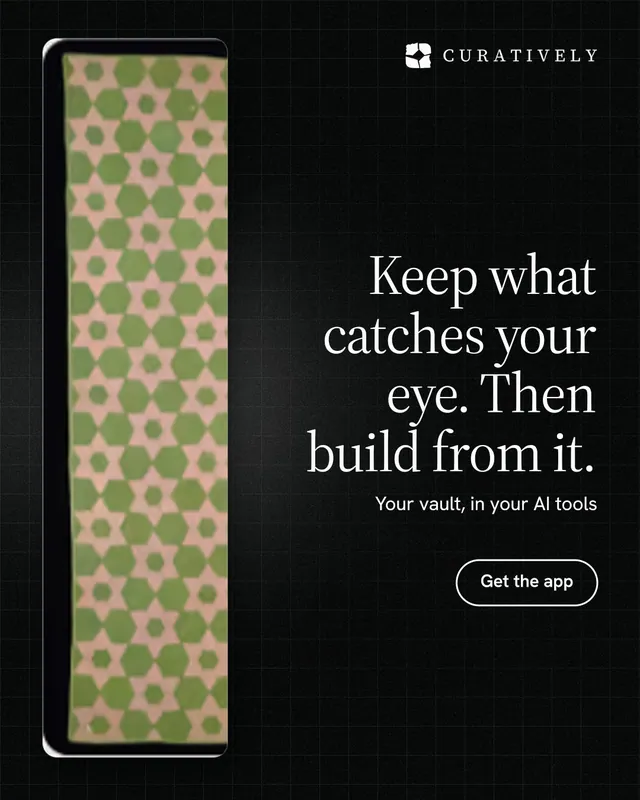 Instagram portrait post for Curatively: "Keep what catches your eye. Then build from it." Phosphor atlas style, right layout, dark palette in black, grey.