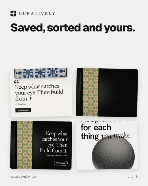 Carousel for Curatively: "Saved, sorted and yours.". Collection carousel, 8 slides, light palette.