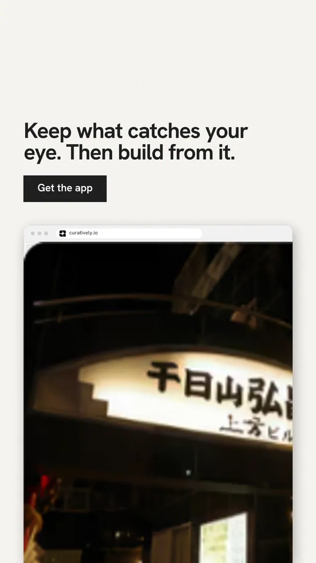Instagram story for Curatively: "Keep what catches your eye. Then build from it." Swiss style, browser layout, light palette in white, black, yellow.