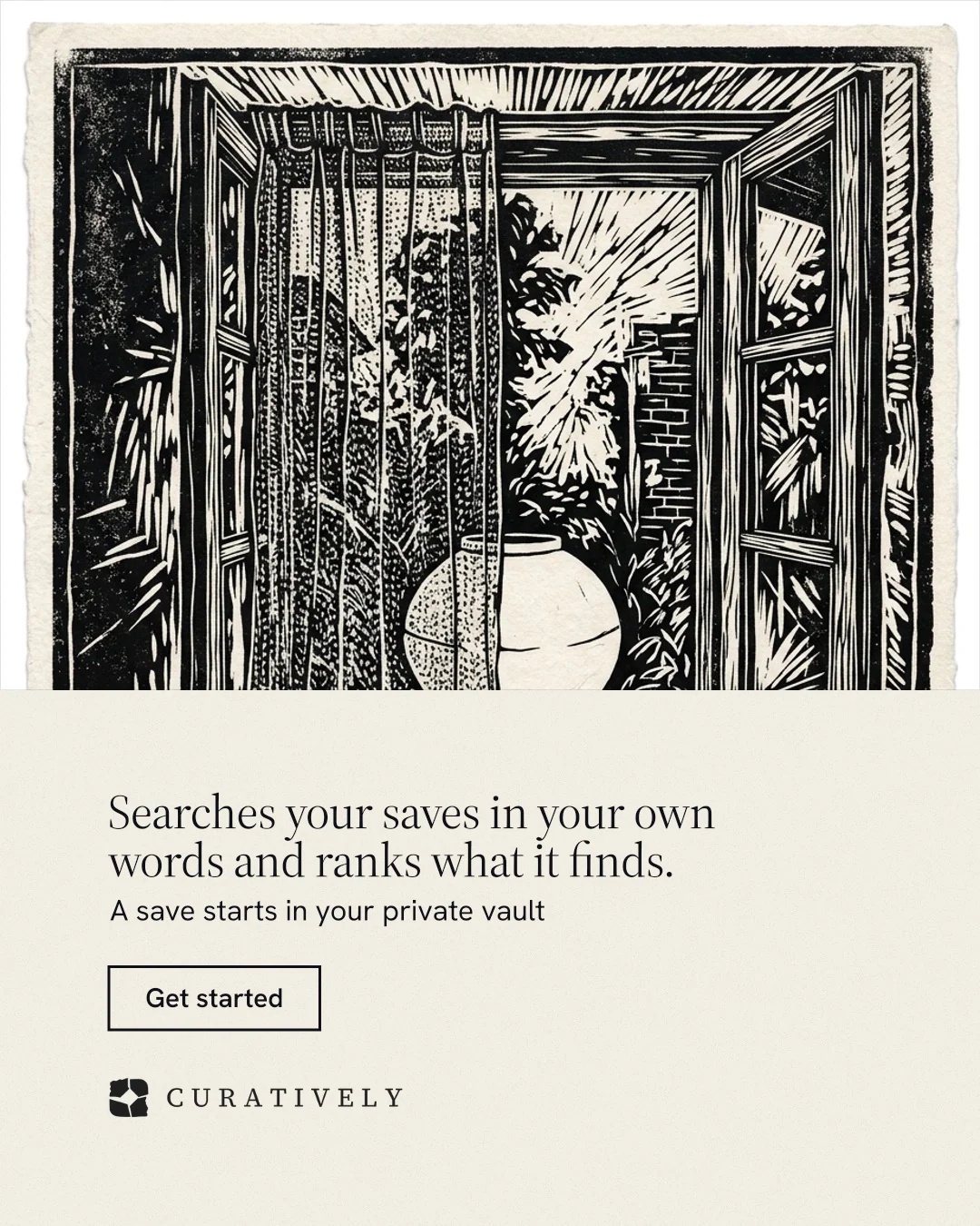 Instagram portrait post for Curatively: "Searches your saves in your own words and ranks what it finds." Editorial style, bottom layout, light palette in yellow, black, grey.