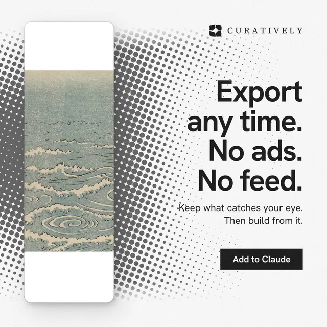 Instagram post for Curatively: "Export any time. No ads. No feed." Swiss style, right layout, light palette in white, grey.